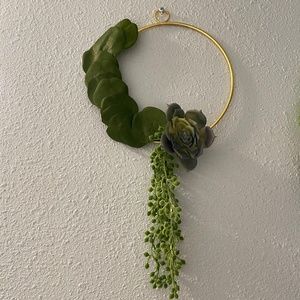 Round Gold and Green succulent and leaf wall art